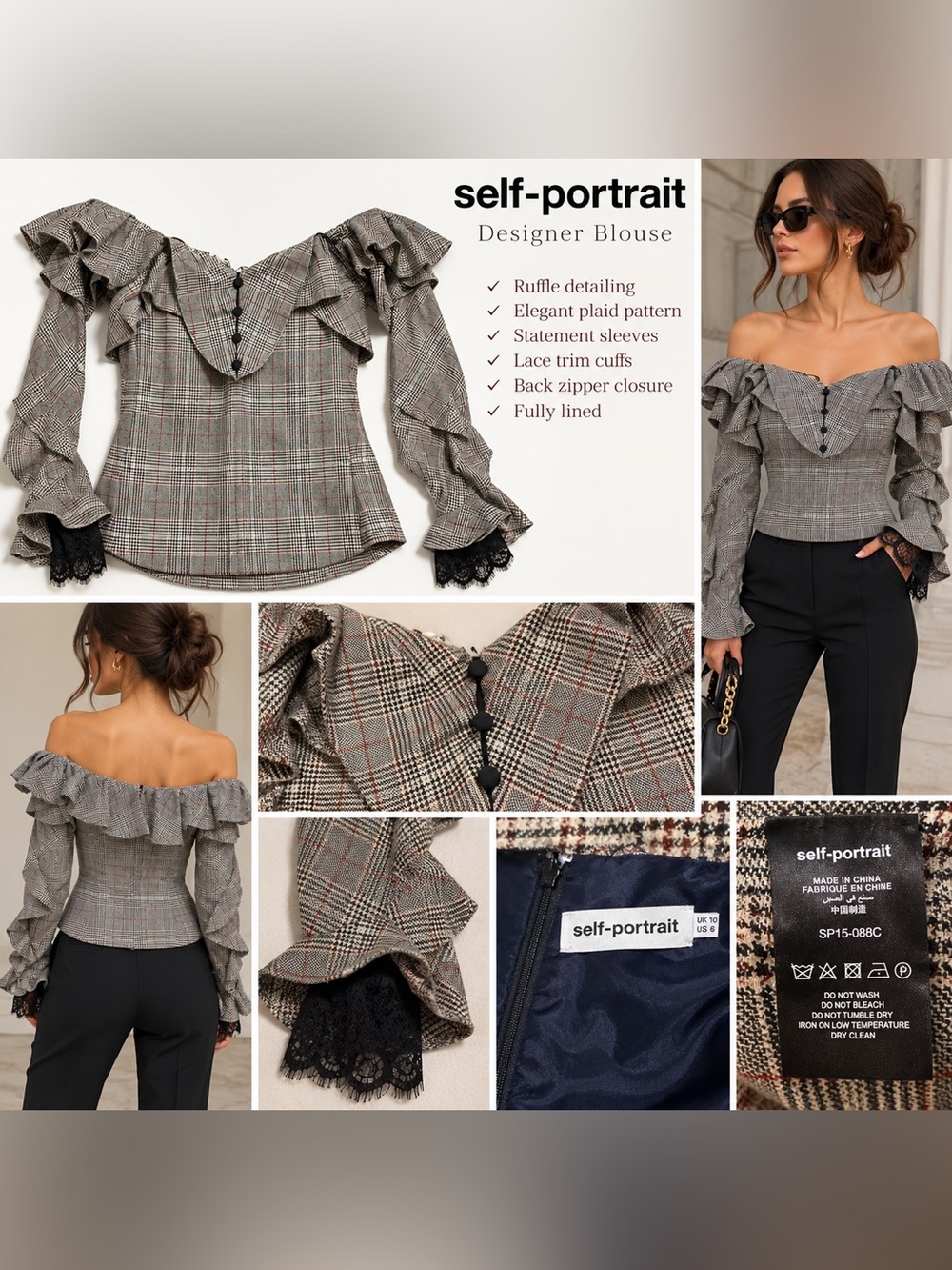 Self-Portrait Plaid Ruffle Off Shoulder Blouse Lace Cuffs US 6 UK 10
